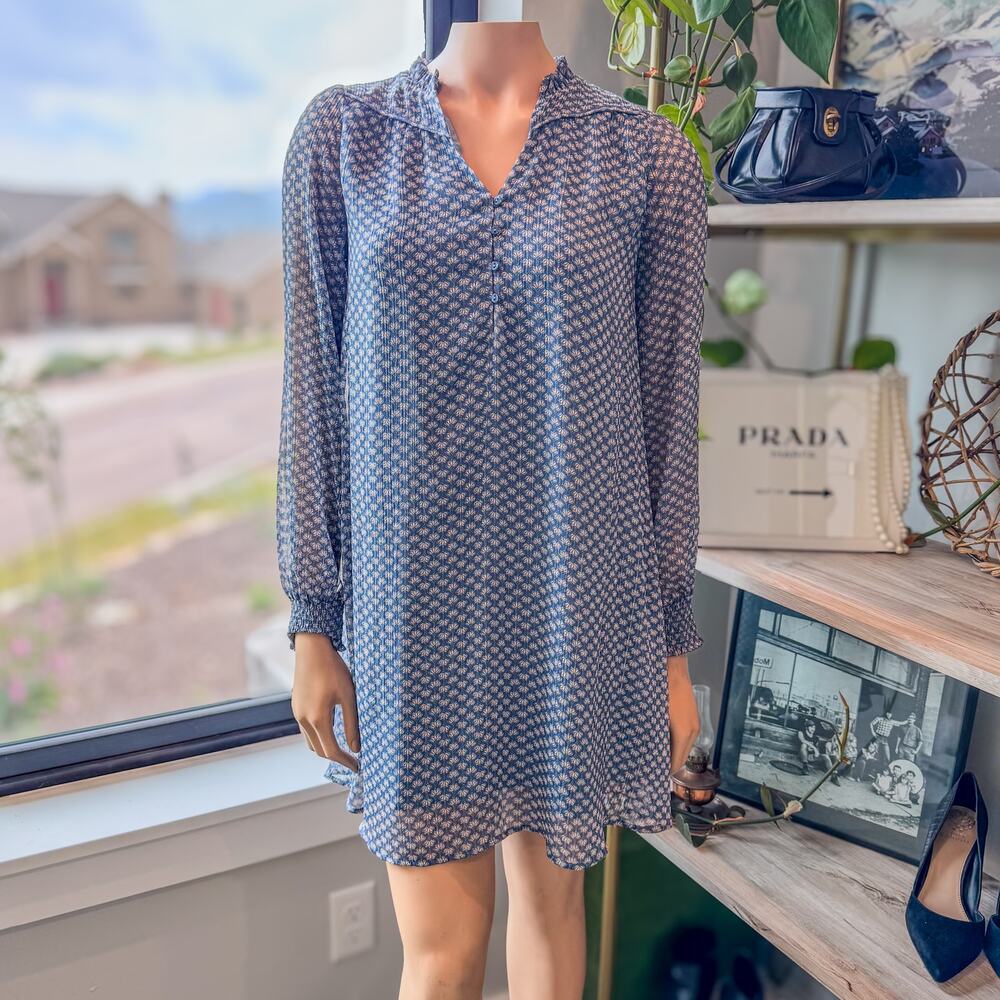 Maison 123 Paris, Blue/Grey Printed Macha Day Dress-Light Puff Sleeve-Size XS/34